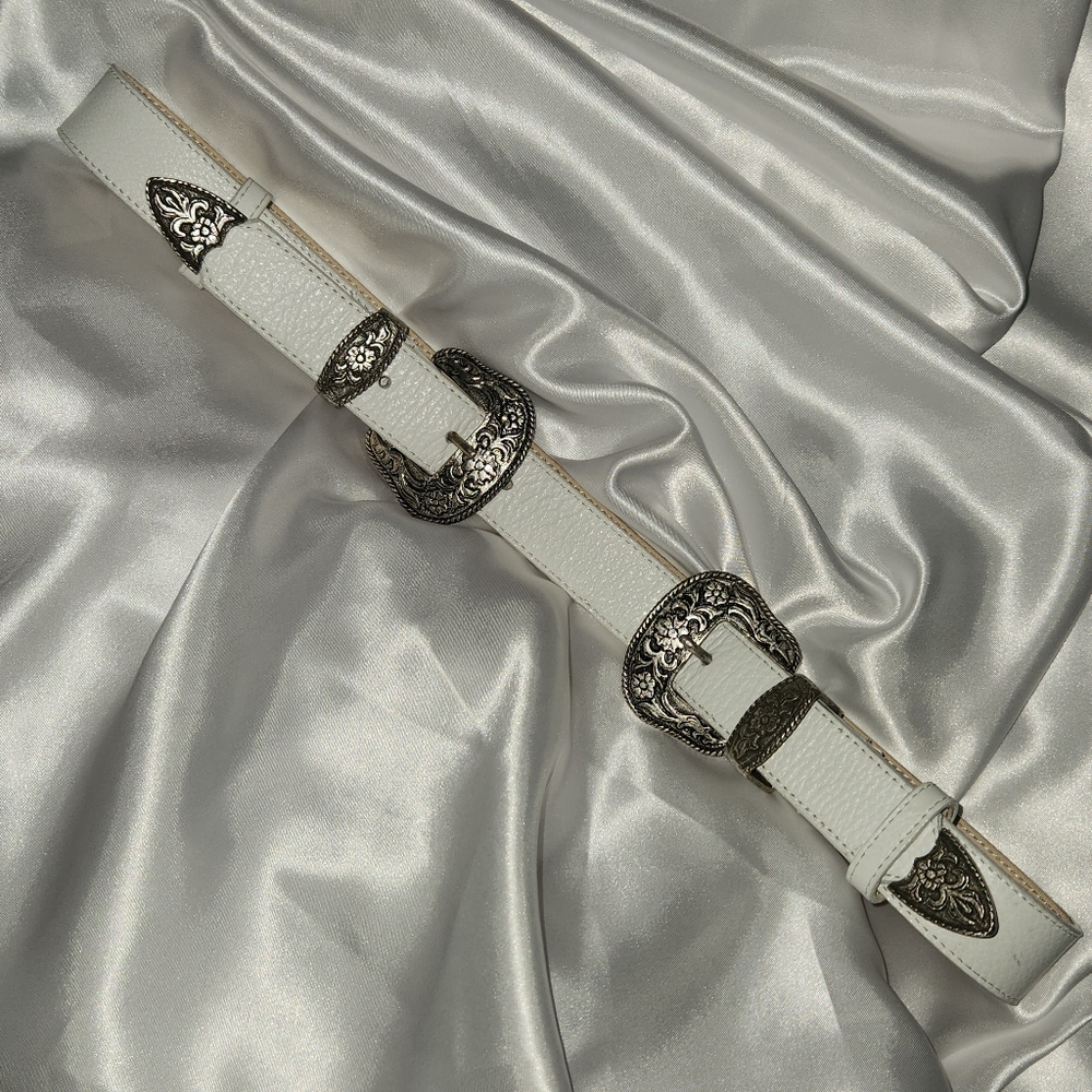 Leatherock Double Buckle Belt | White/Silver Hardware | Real Leather | Sz Medium
